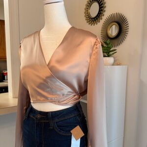 Elegant Satin Wrap Top in Tan